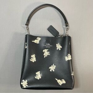Coach Mollie Bucket 22 Bag with Happy Dog Print in Black Multi-Grained Leather